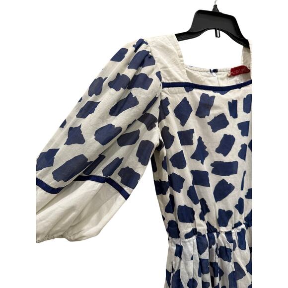 Vtg Richard Warren Blue White Splotch Print Puff Sleeve Midi Dress M Coquette - Picture 4 of 7